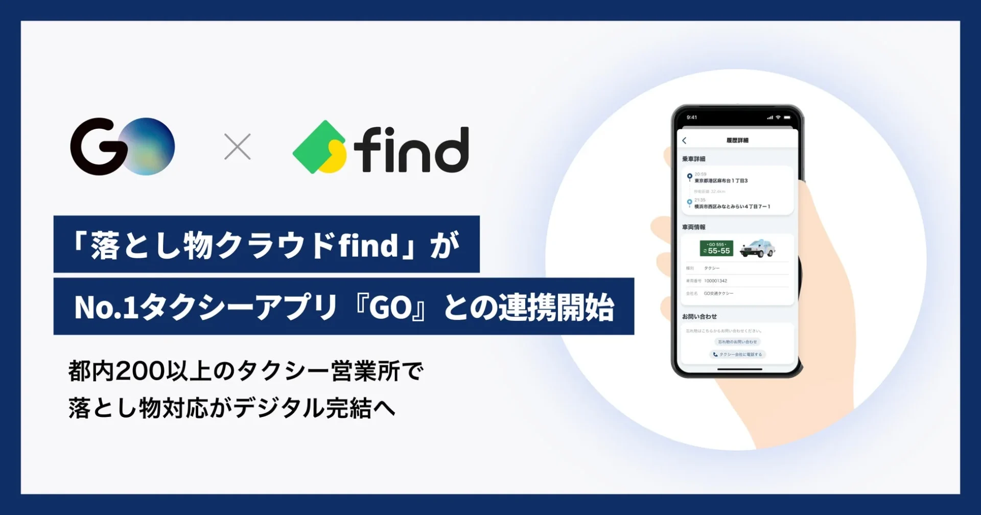 「落とし物クラウドfind」とタクシーアプリ『GO』の連携開始を示すキービジュアル