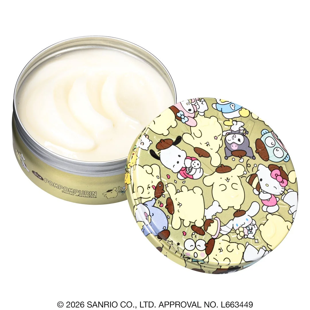 蓋を開けてクリームが見えるポムポムプリン30周年アニバーサリーデザイン缶