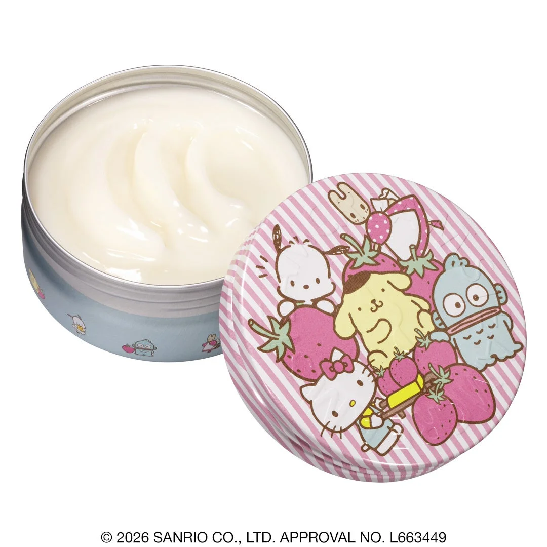 蓋を開けてクリームが見えるサンリオキャラクターズといちごデザイン缶
