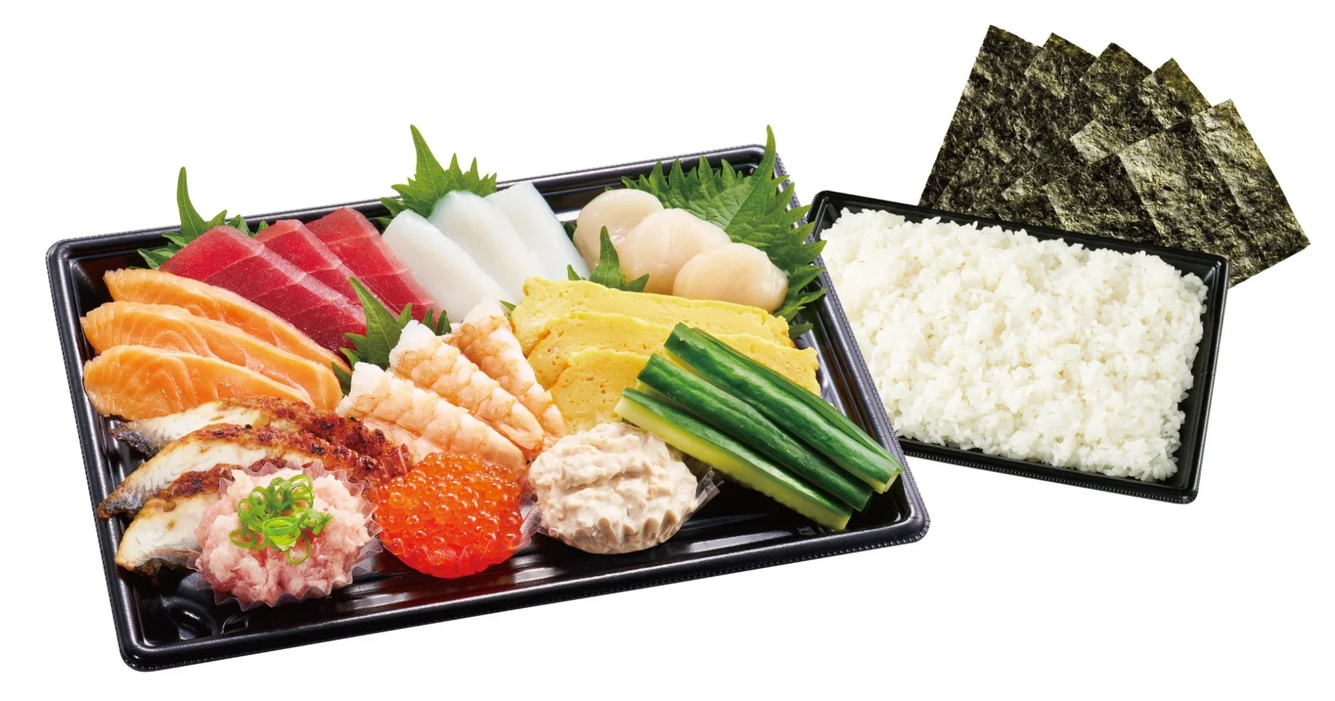 スシロー「スシロー手巻セット（のり付）」の具材とごはん、のりの写真