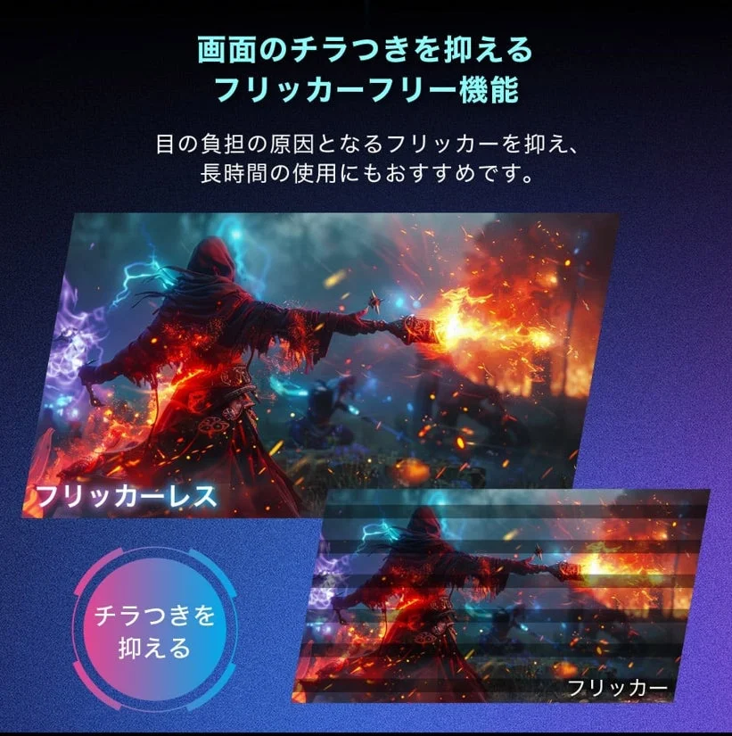 フリッカーフリー機能による画面のちらつき抑制効果の比較