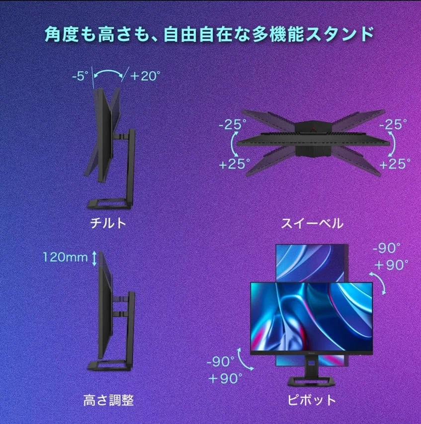 チルト、スイーベル、高さ調整、ピボットに対応した多機能スタンド