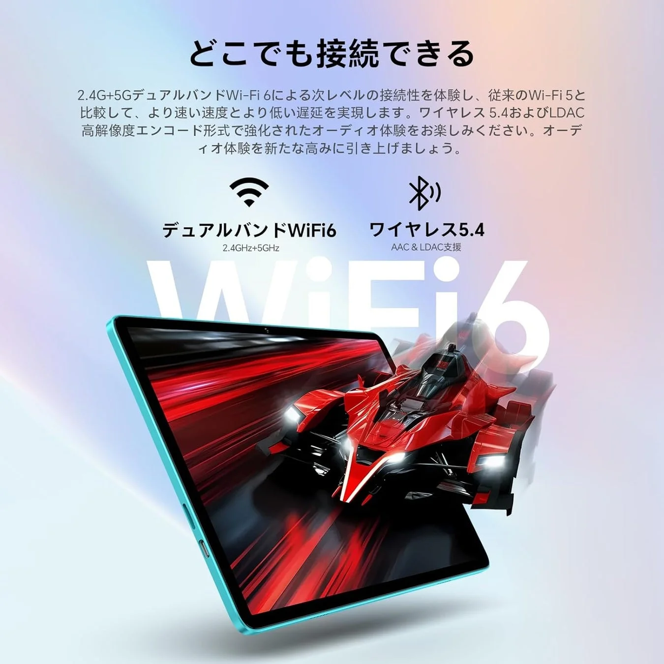 Teclast P33の2.4GHz/5GHzデュアルバンドWi-Fi 6とBluetooth 5.4対応を示す画像