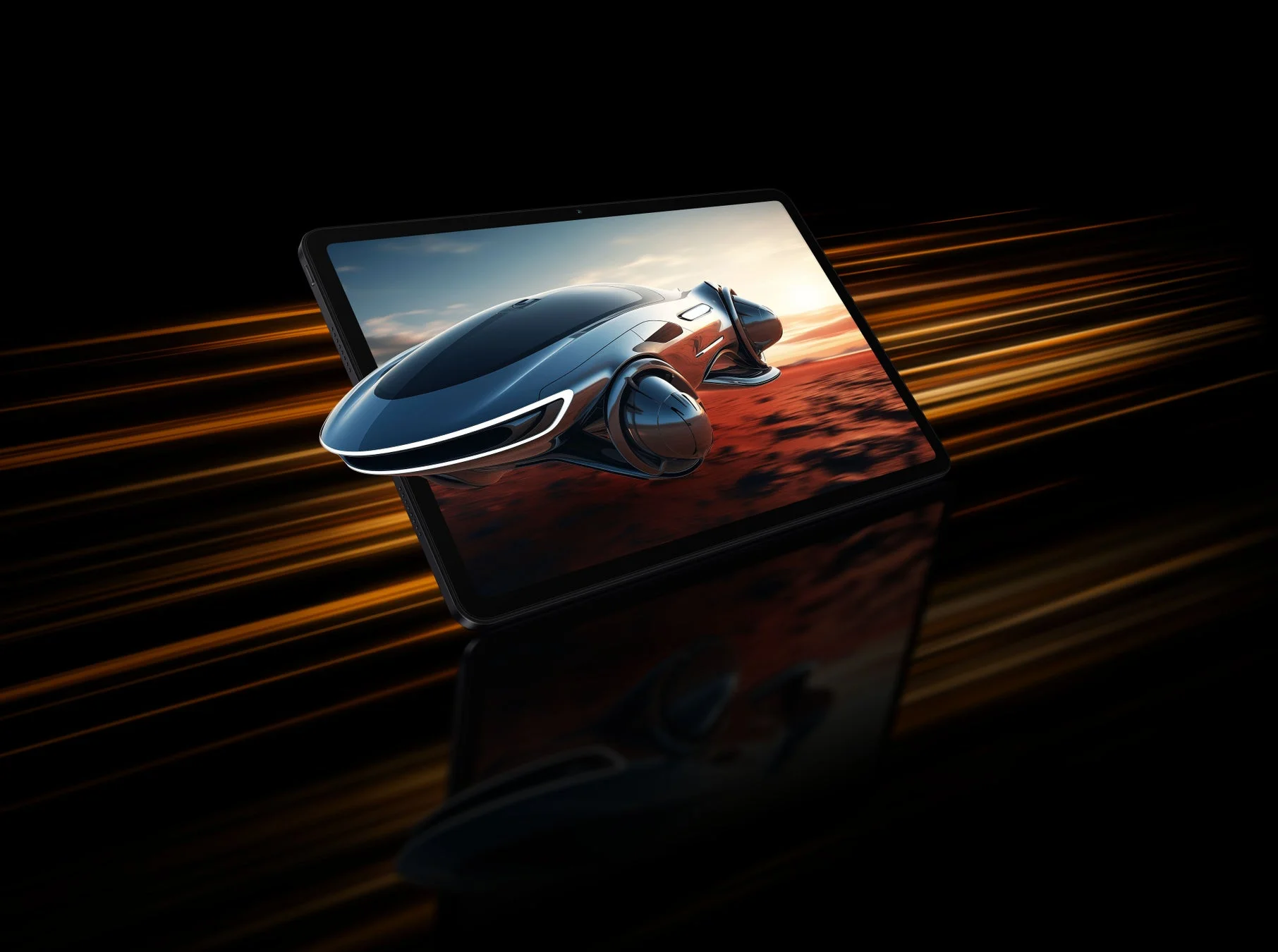 POCO Pad M1のディスプレイから飛び出すようなSF的な車が描かれ、臨場感を表現