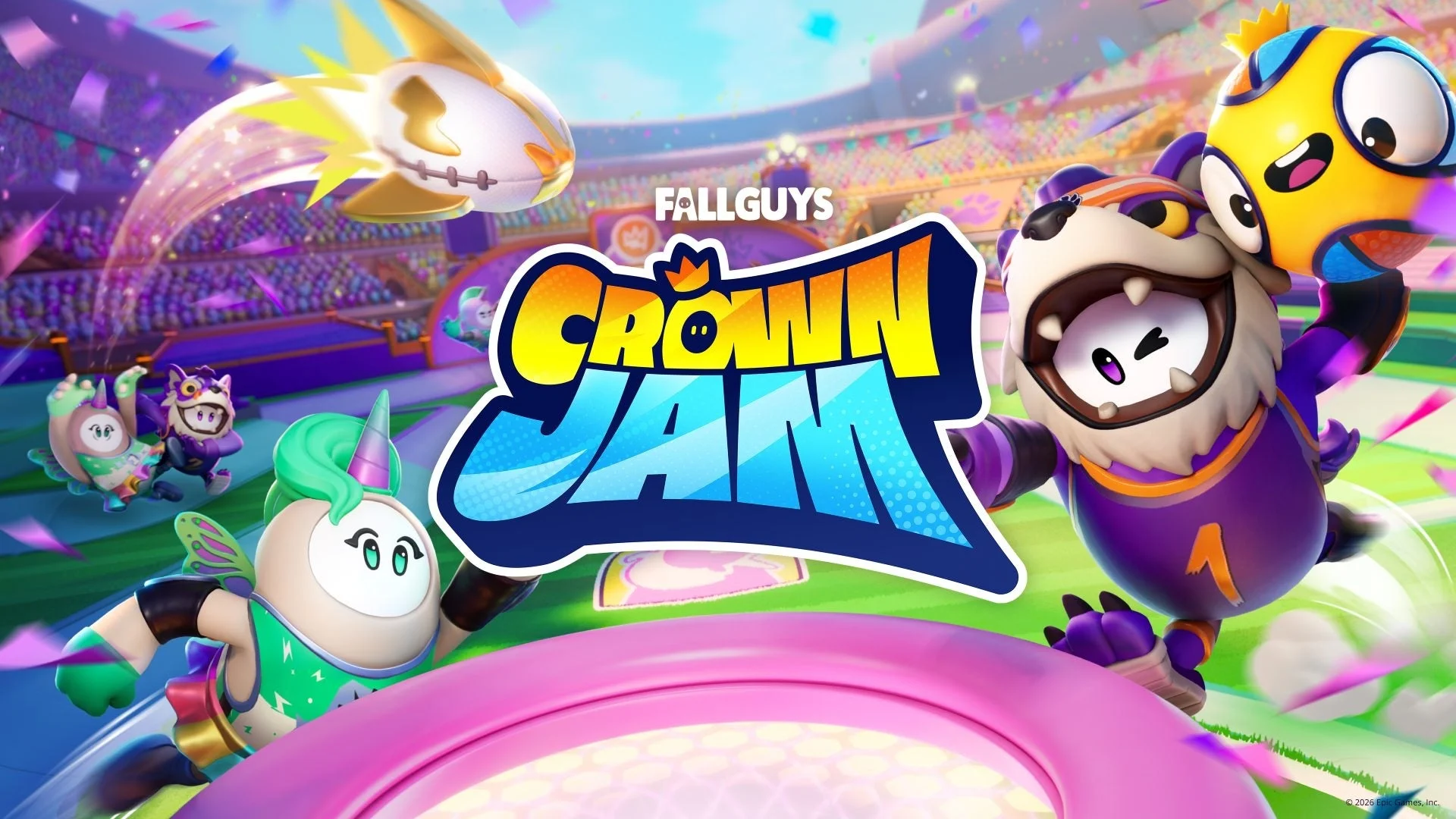 「Fall Guys Crown Jam」のキービジュアル。競技場でキャラクターがボールを運ぶ様子。