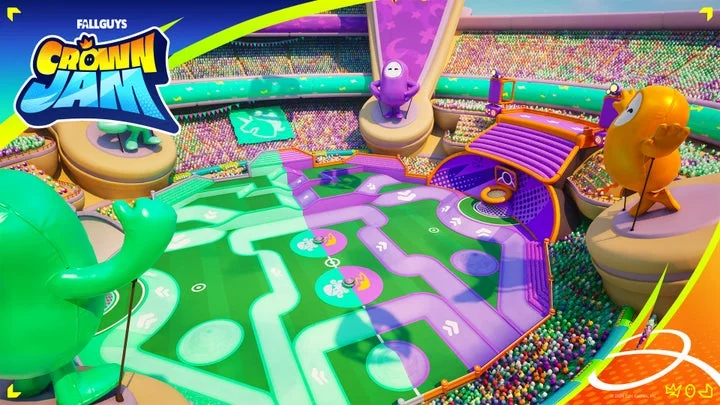 「Fall Guys Crown Jam」のゲームマップ俯瞰。障害物コースとゴールが見える。