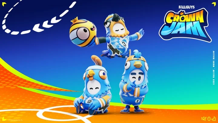 「Fall Guys Crown Jam」の青いコスチュームのビーンたちとボール。
