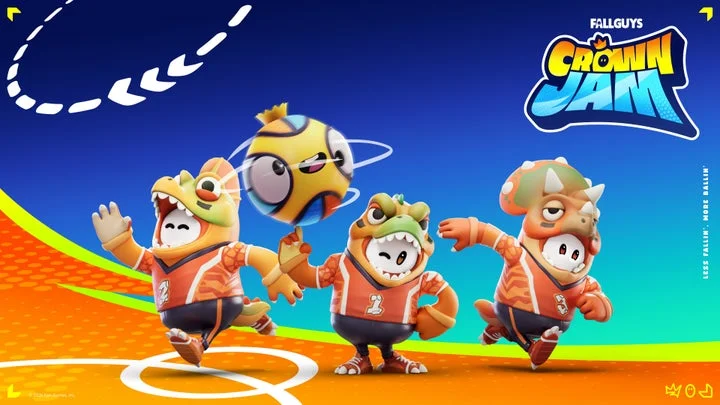 「Fall Guys Crown Jam」のオレンジ色のコスチュームのビーンたちとボール。