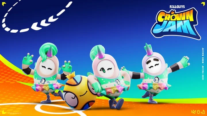 「Fall Guys Crown Jam」の水色のコスチュームのビーンたちとボール。