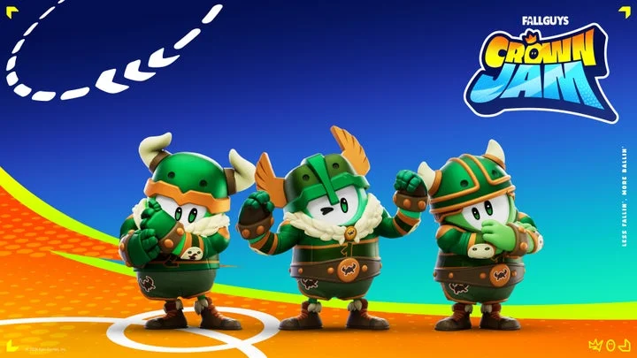 「Fall Guys Crown Jam」の緑色のコスチュームのビーンたちとボール。