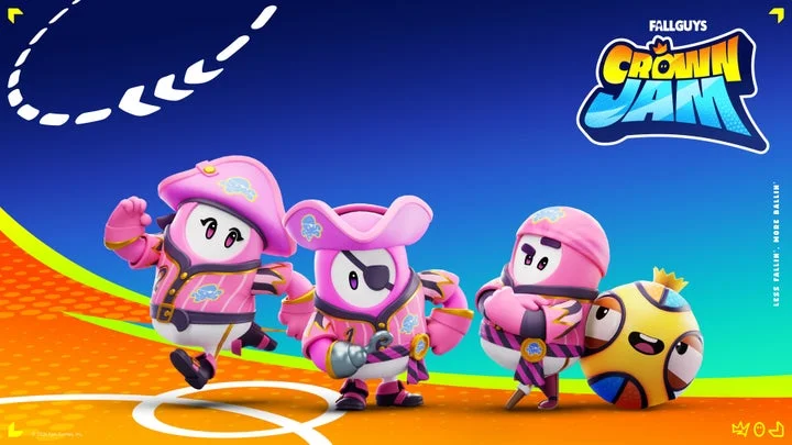 「Fall Guys Crown Jam」のピンク色のコスチュームのビーンたちとボール。