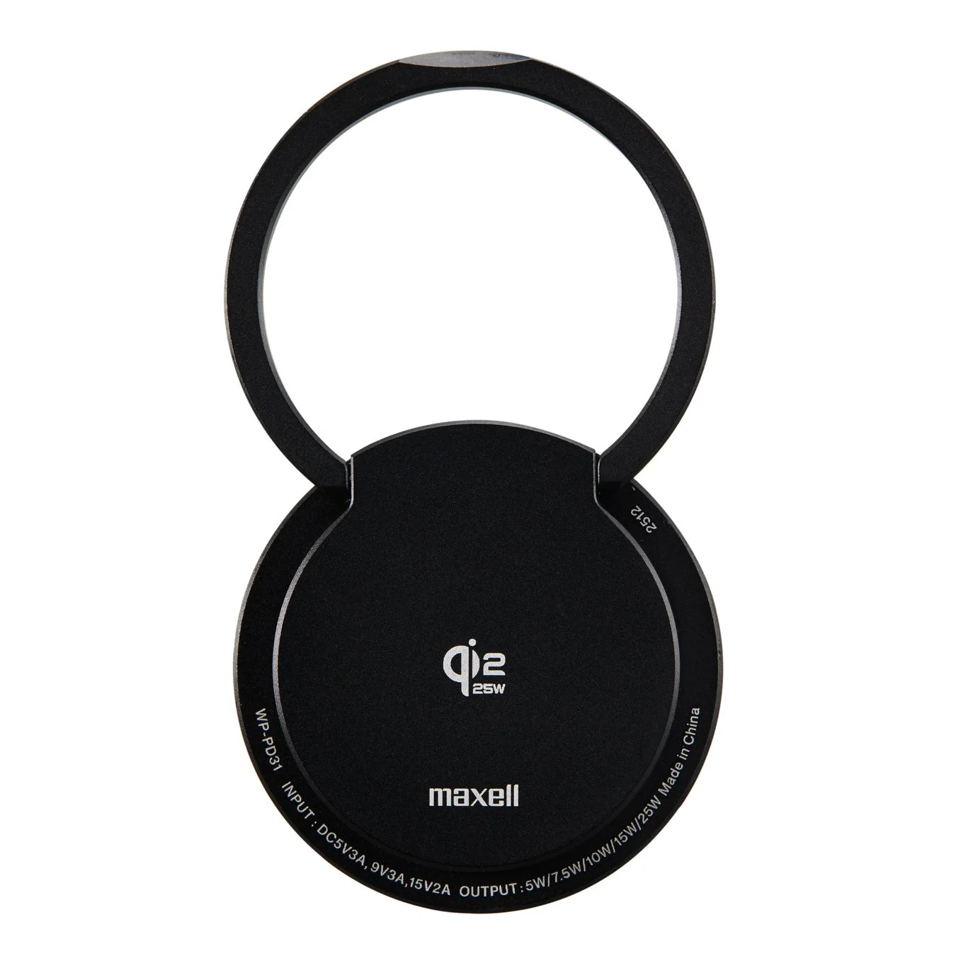 リング部を展開したマクセル Qi2 25Wワイヤレス充電器「WP-PD31BK」