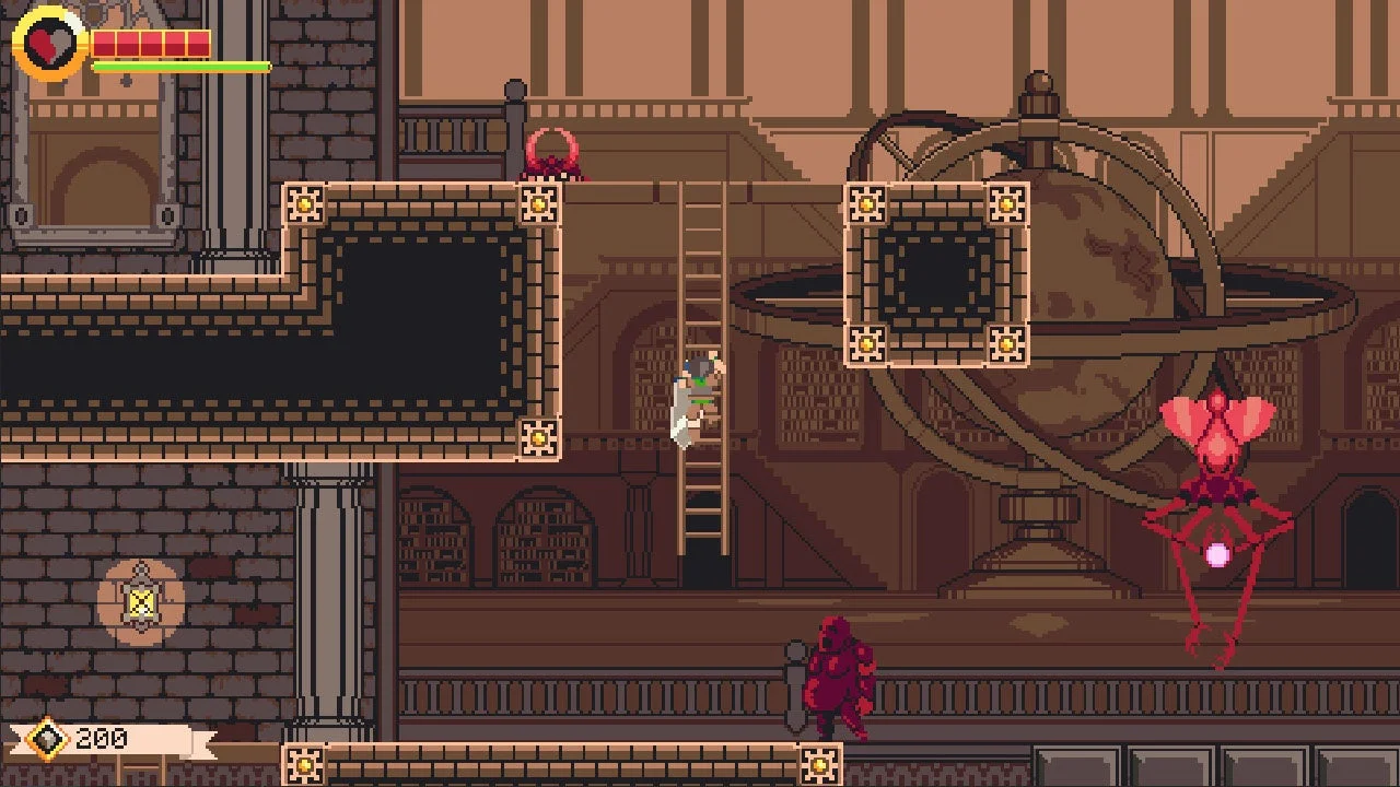 はしごを登る主人公とパズル要素のあるゲーム画面