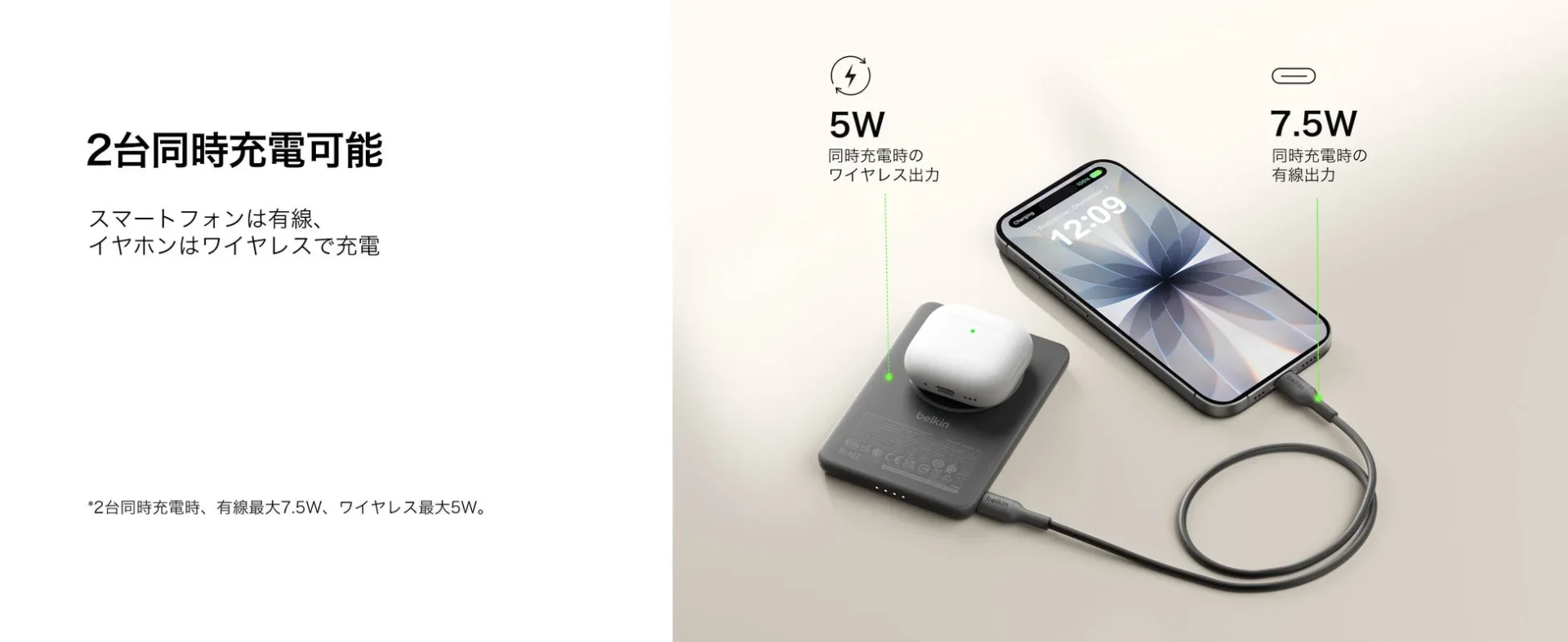 Belkin BoostCharge 薄型マグネット式モバイルバッテリー5Kの2台同時充電