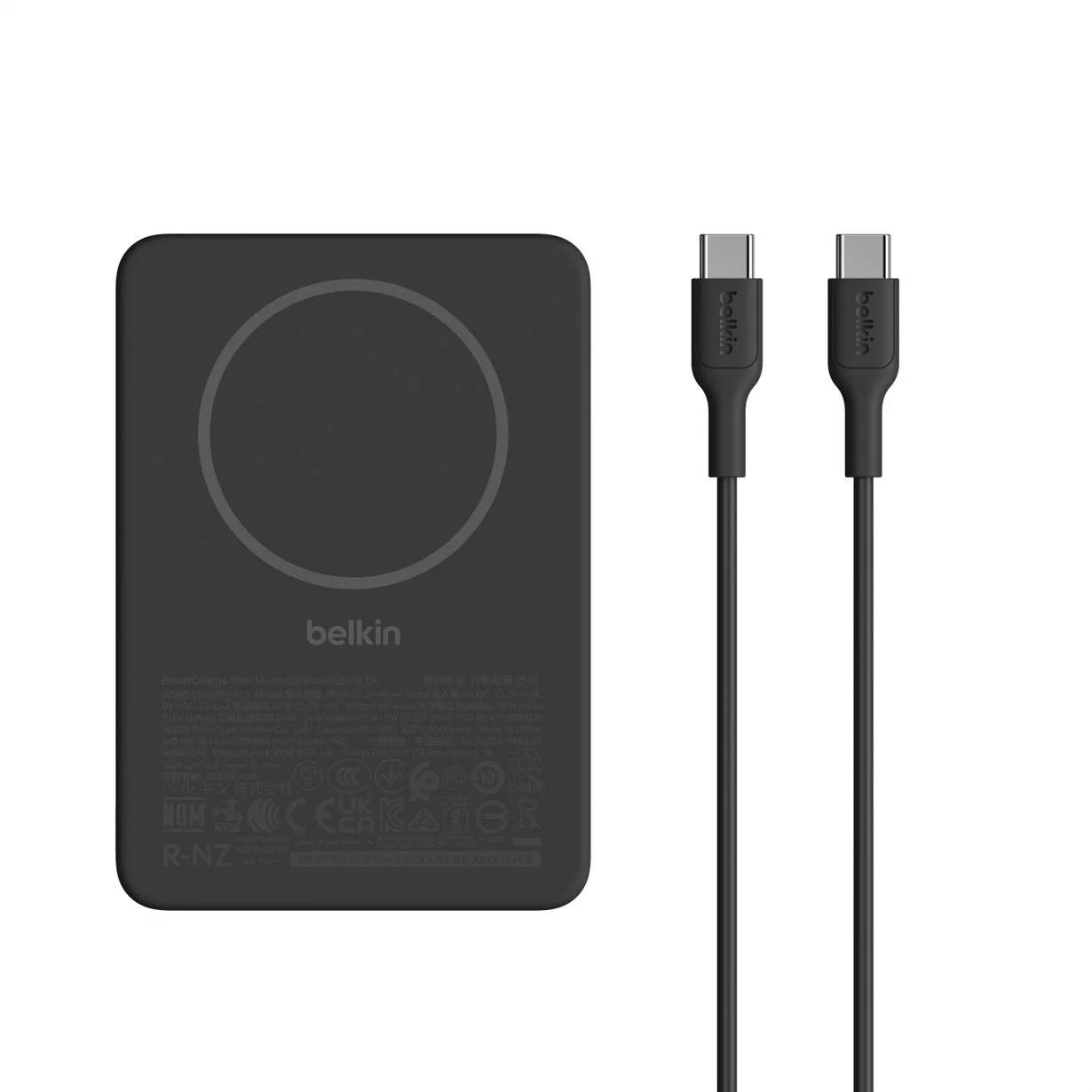Belkin BoostCharge 薄型マグネット式モバイルバッテリー5K本体と付属のUSB-Cケーブル