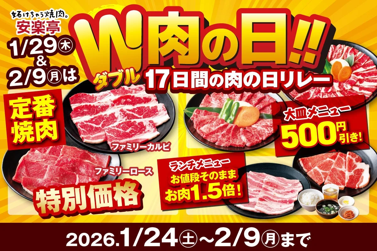 安楽亭「W肉の日!!リレーフェア」の告知ビジュアル。定番焼肉特価、大皿500円引き、ランチ肉1.5倍の特典が示されている。