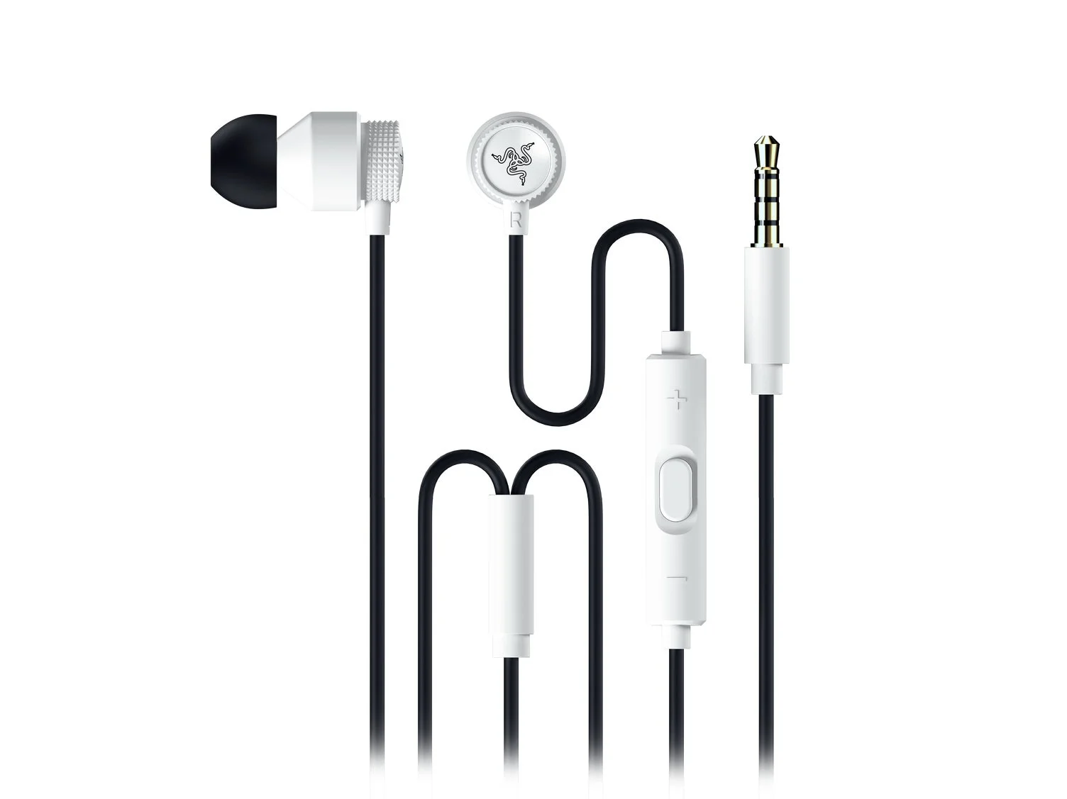 Razer Hammerhead V3 White Editionのイヤホン、インラインリモコン、3.5mmプラグ