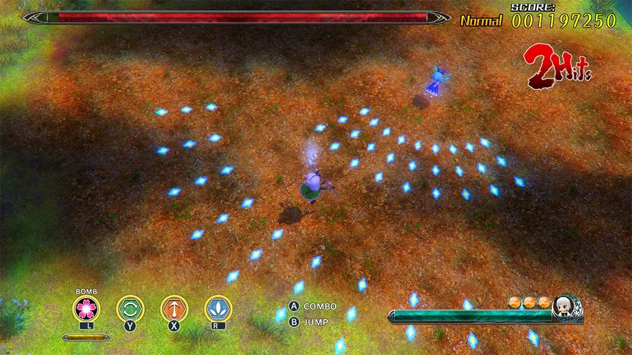 『妖々剣戟夢想』のゲームプレイ画面。魂魄妖夢が敵を攻撃し、弾幕を放っている様子。