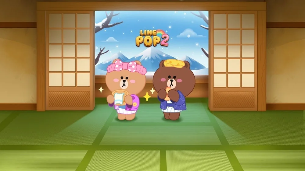 LINE POP2 冬シーズンイベント前半のメインビジュアル、温泉を楽しむブラウンとコニー