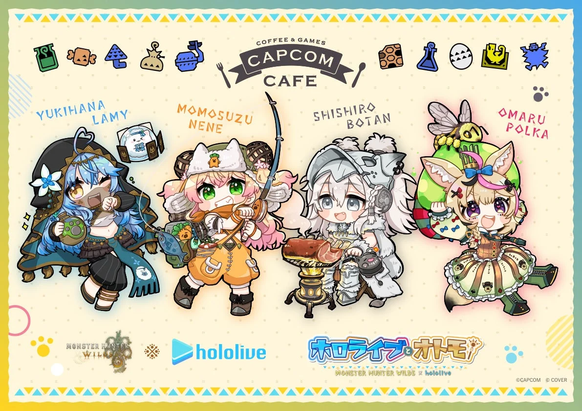 カプコンカフェで開催されるモンスターハンターワイルズ×ホロライブコラボのメインビジュアル