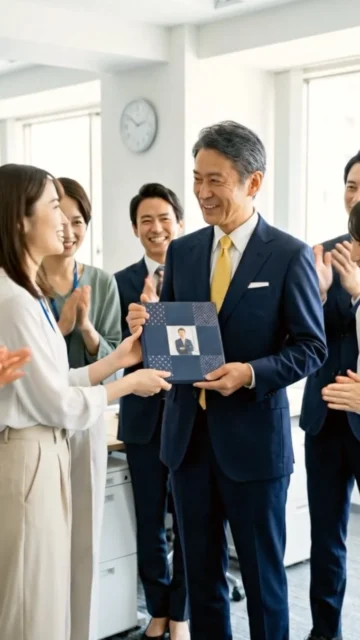 職場の送別会で上司に寄せ書きブックを贈呈する社員たち