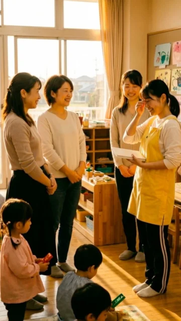 保育園で先生が園児と保護者から寄せ書きブックを受け取り涙ぐむシーン