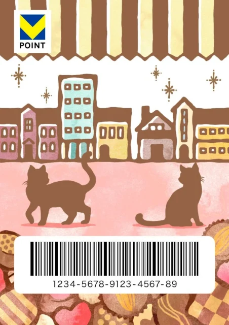 Vキセカエの2月デザイン。猫と街並み、お菓子が描かれた鎌田みかさんのイラスト。