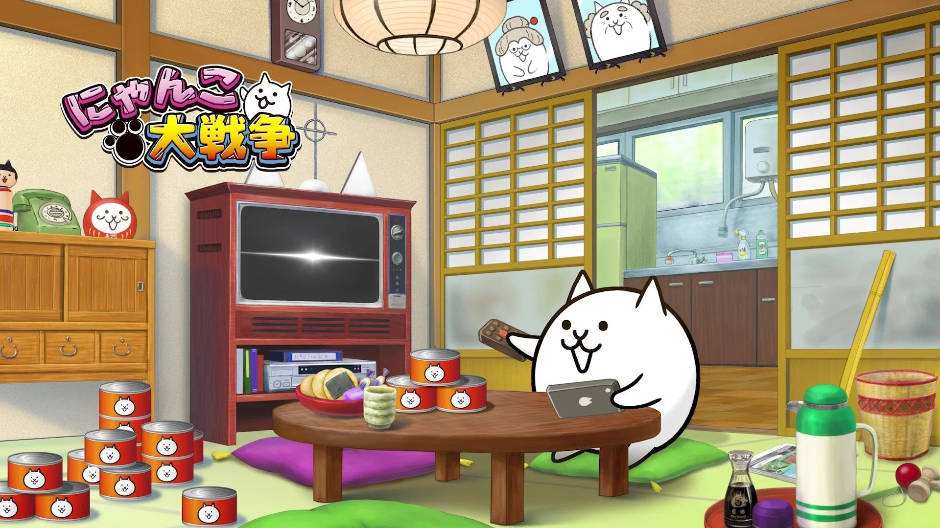 にゃんこ大戦争のゲーム内画面、にゃんこがテレビを見ている様子