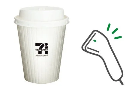 セブンカフェを購入する様子を示すイラストとアイコン