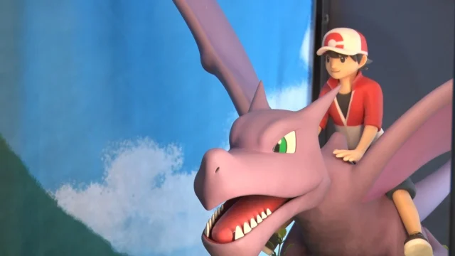 プテラに乗って空を飛ぶトレーナーのジオラマ