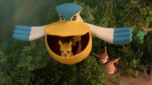 口の中にピカチュウを入れたペリッパーのジオラマ