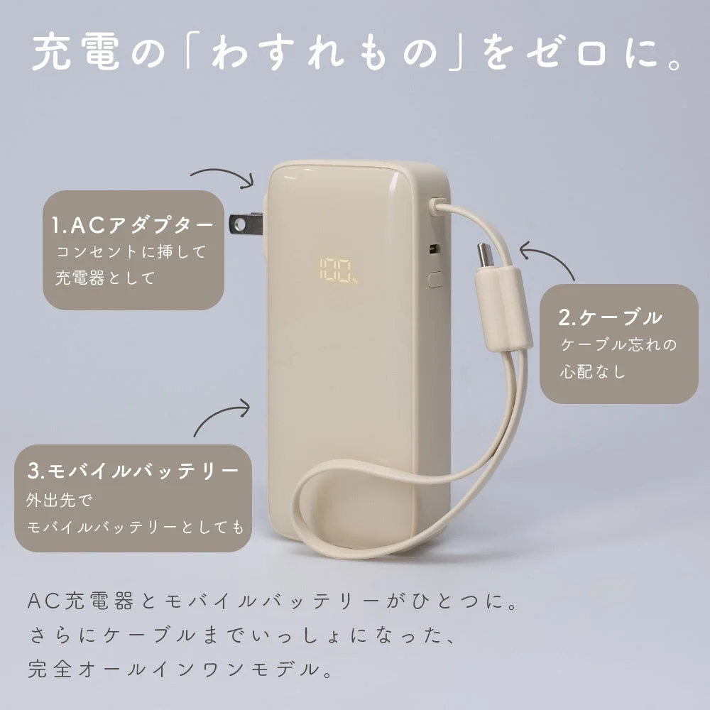 MOTTERUモバイルバッテリーのACアダプター、ケーブル、モバイルバッテリーの3役機能説明