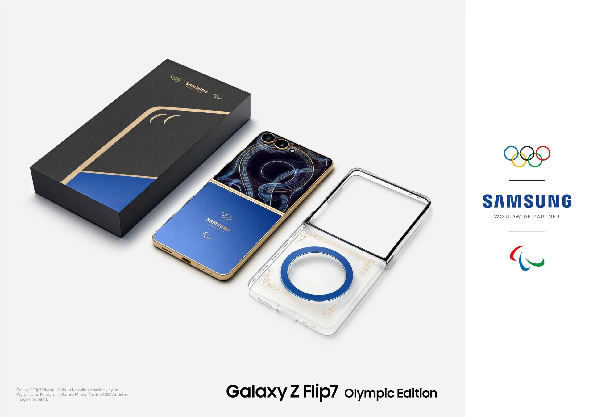 Samsung Galaxy Z Flip7 Olympic Edition本体、特別パッケージ、月桂樹モチーフのクリアケース