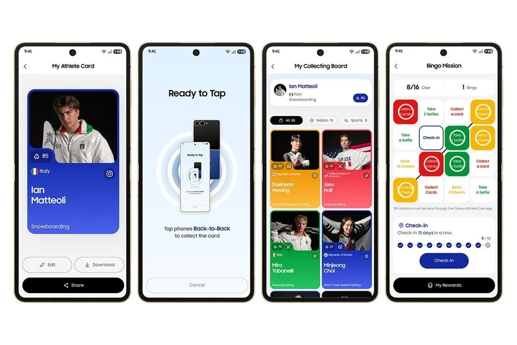 GalaxyアスリートカードのUI画面。プロフィール交換、カード収集、ミッションなどが表示されている