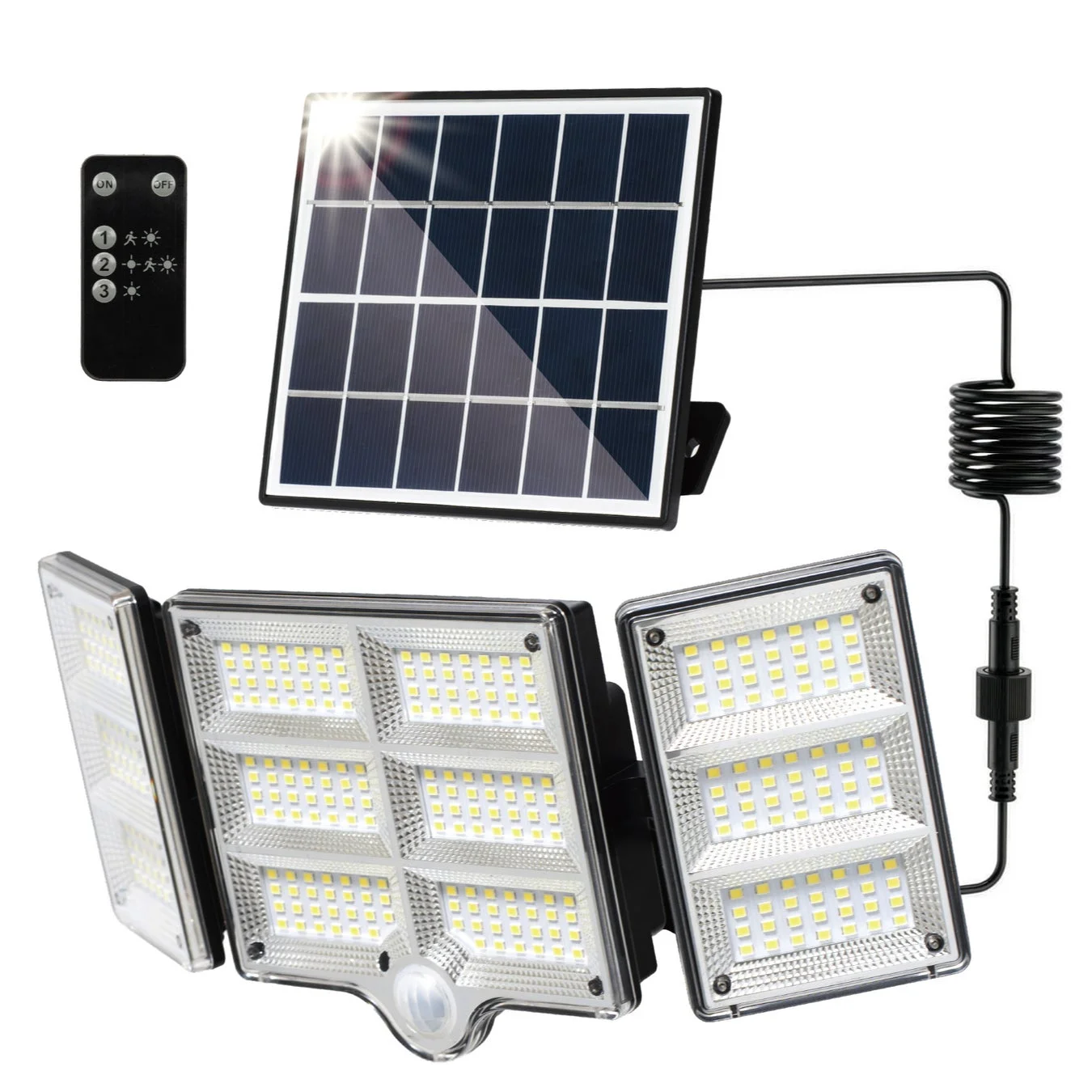 太陽光パネルとセンサーライト本体、リモコンの製品構成