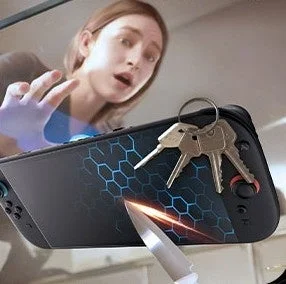 TORRAS GlassGo Ultra Switch2用フィルムの9H+硬度を示す落下衝撃テストイメージ