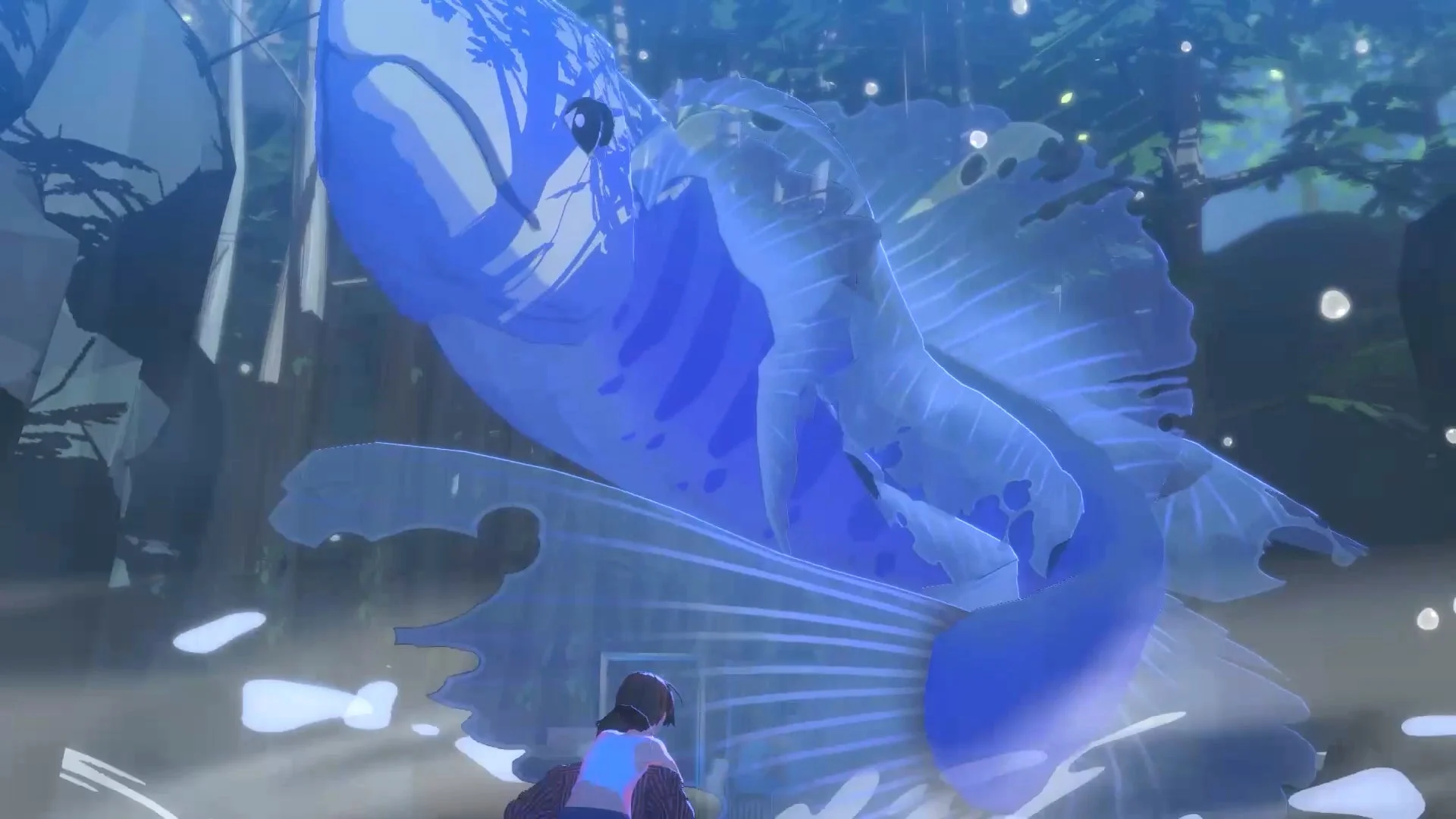 ゲーム内で遭遇する巨大な魚とキャラクター