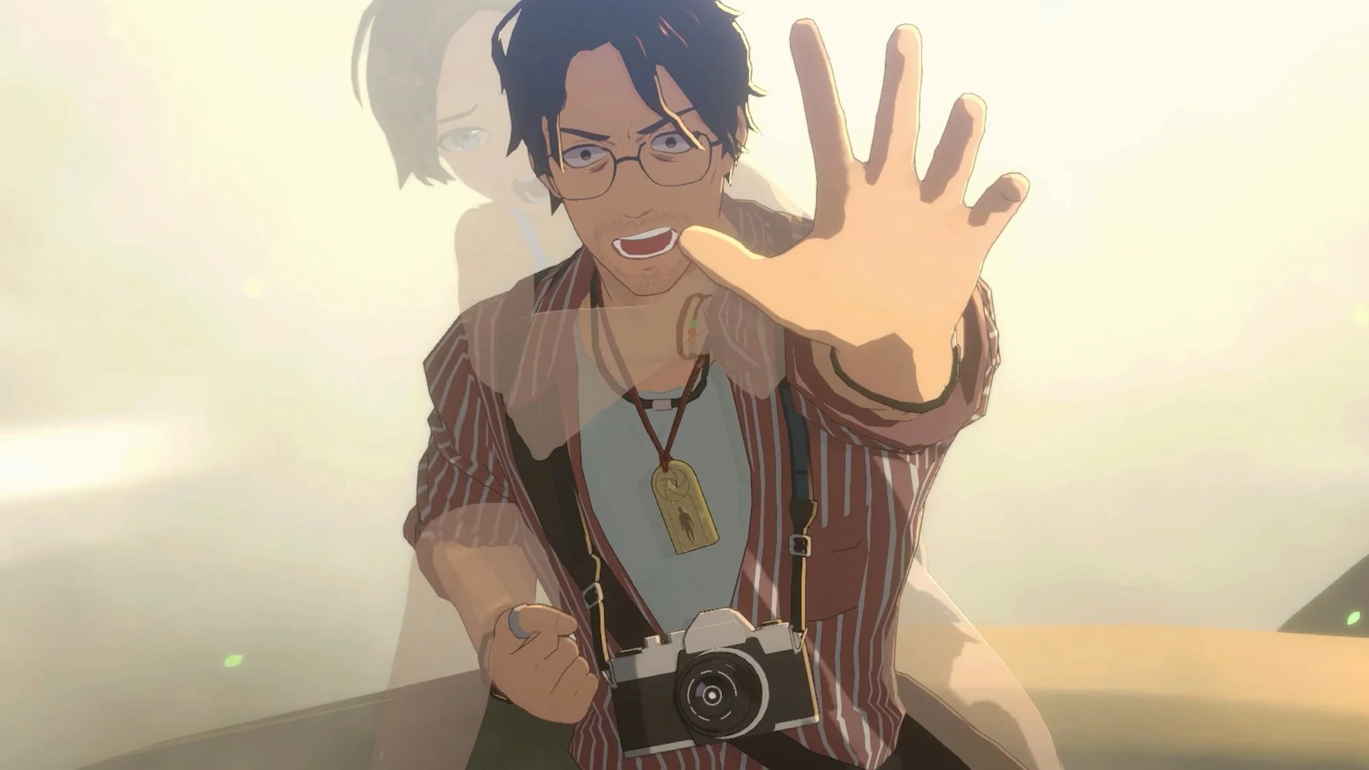 写真家が手を伸ばし、少女の幻影が重なるゲームシーン