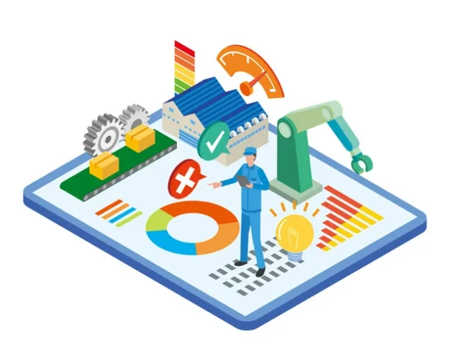 製造・品質管理分野でのデータ分析とロボットのイラスト