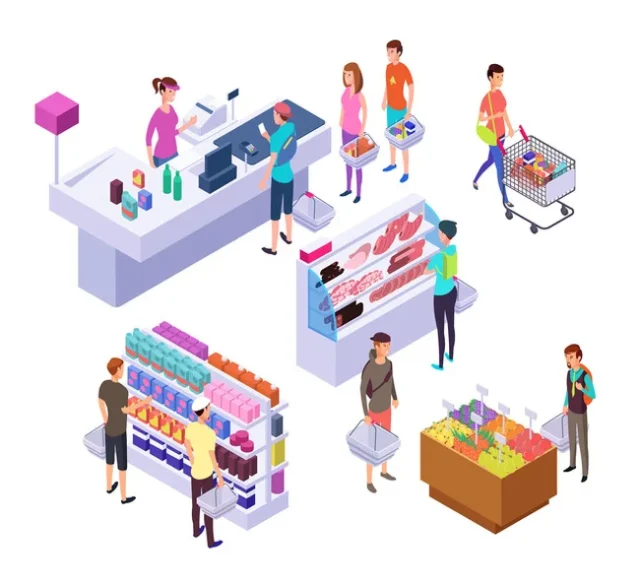 小売・物流分野での店舗と顧客のイラスト