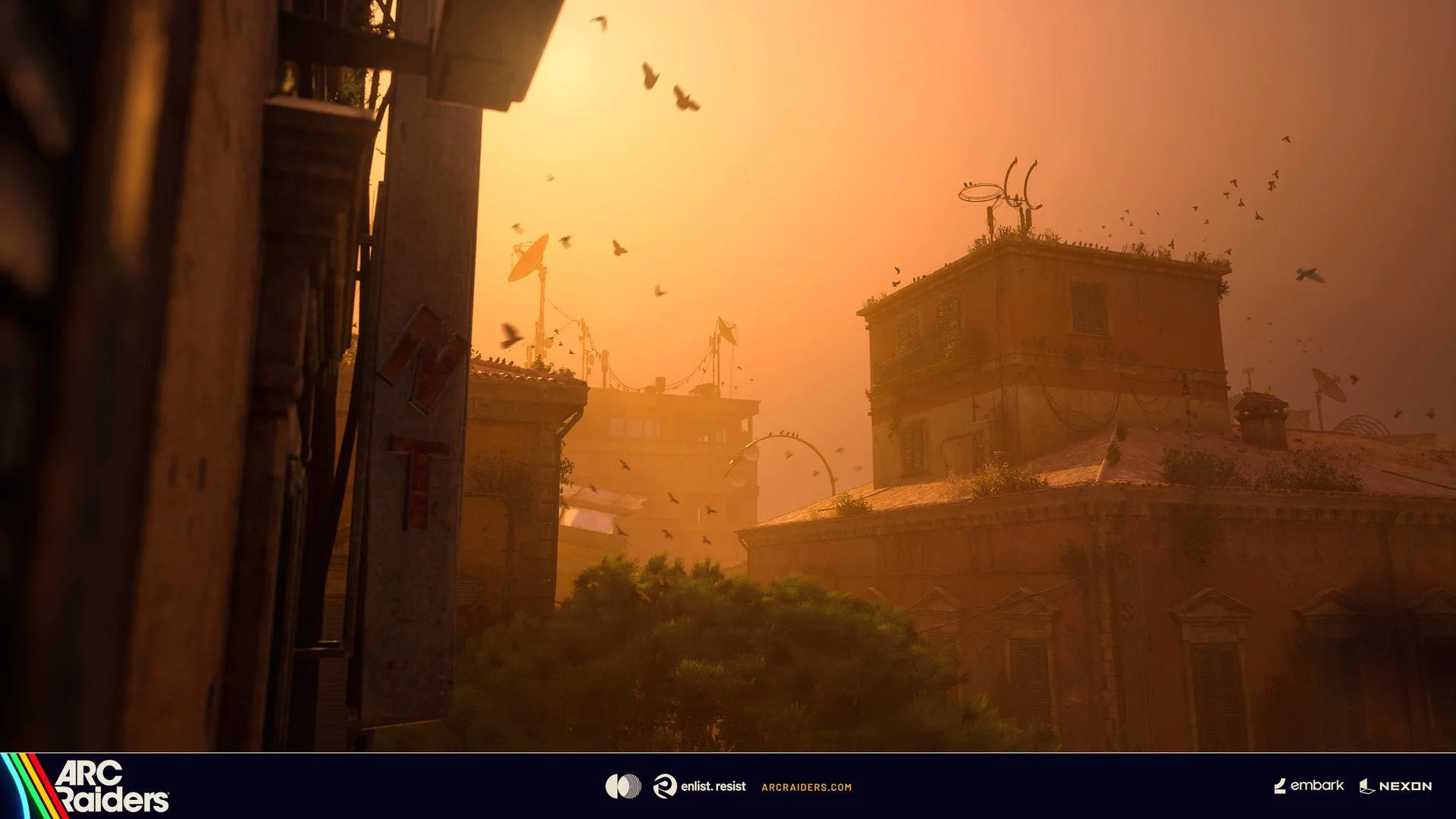 鳥が舞う荒廃した街並みの夕暮れ