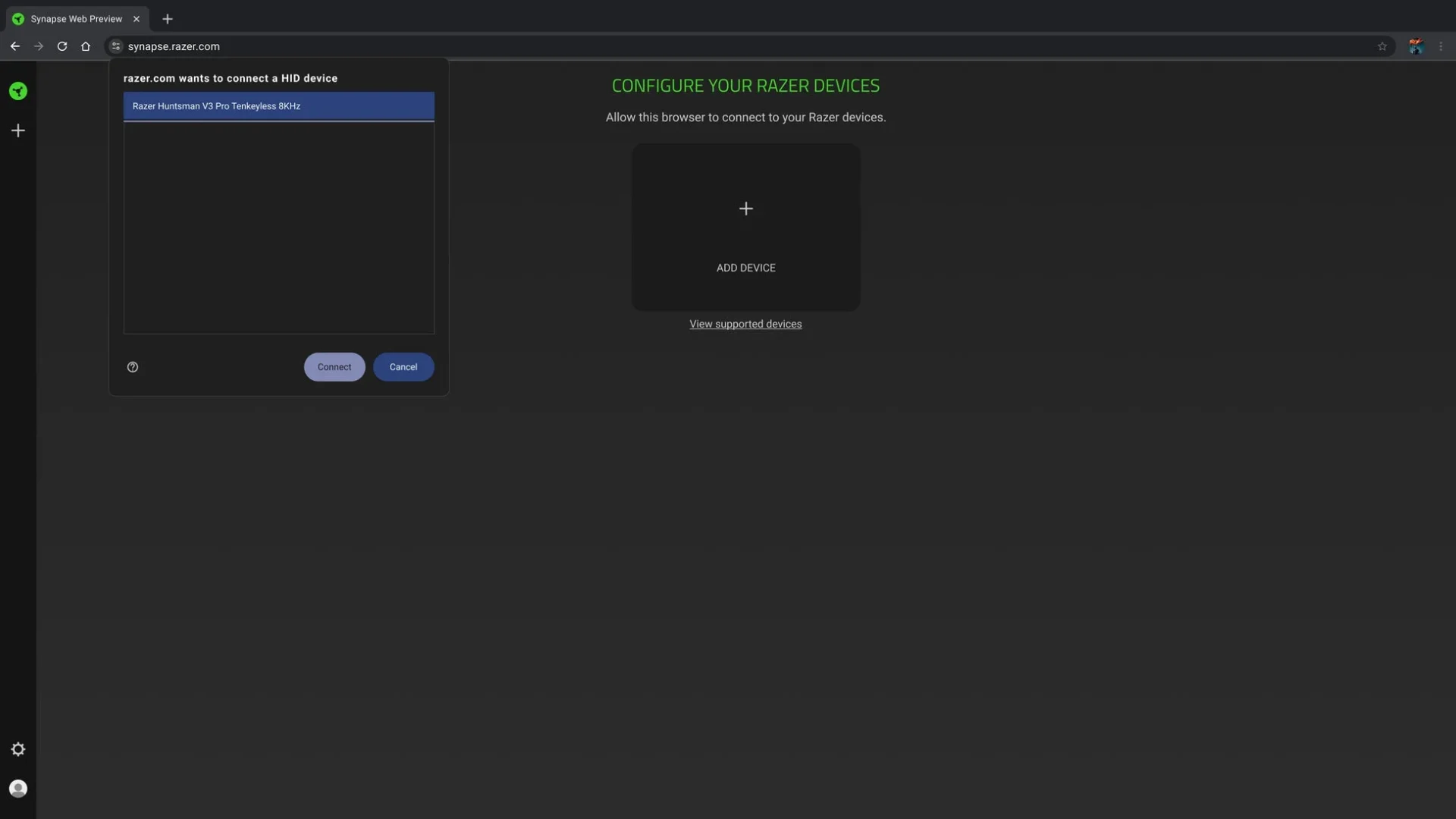 Razer Synapse Web betaでのRazer Huntsman V3 Pro Tenkeyless 8KHz接続画面