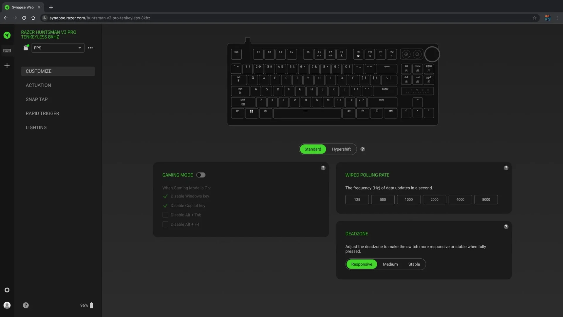 Razer Synapse Web betaでのキーボードカスタマイズ画面