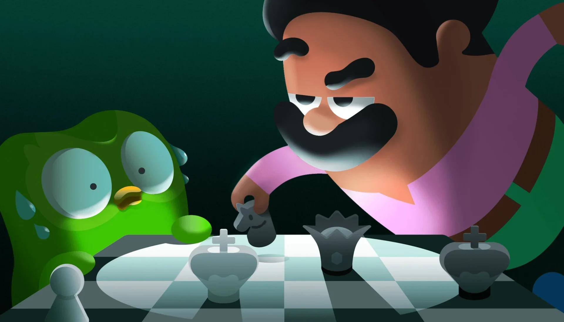 Duolingoの新コース「チェス」でキャラクターがチェスをする様子