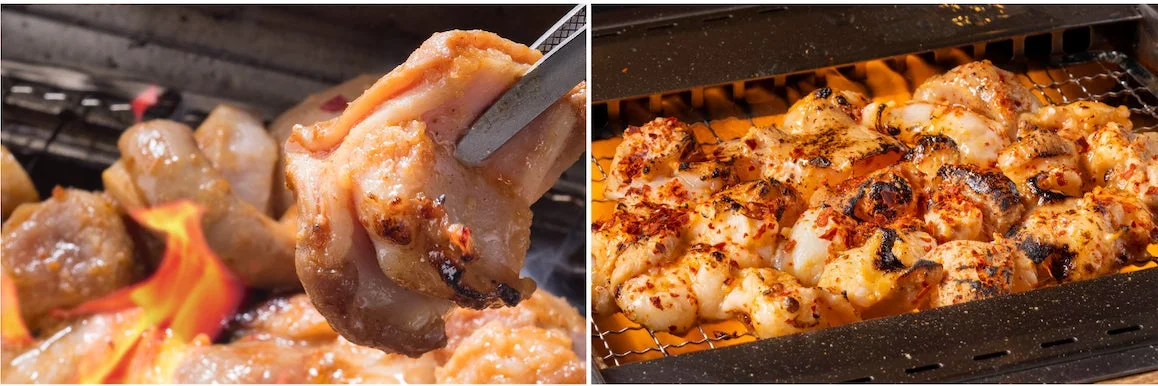 神室町昭和通り店限定の特上ホルモンが網で焼かれている様子