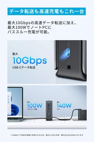 Anker Nano ドッキングステーションの最大10Gbpsデータ転送と最大100Wパススルー充電のイメージ