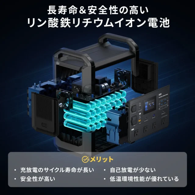 長寿命で安全性の高いリン酸鉄リチウムイオン電池の内部構造とメリット