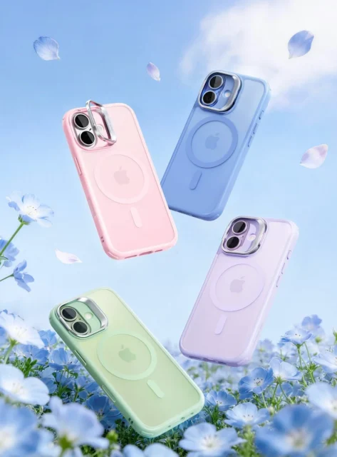 ESR iPhone 17向けカラフルケースの全4色（桜ピンク、アジサイグリーン、ネモフィラブルー、ラベンダーパープル）が空中に舞う