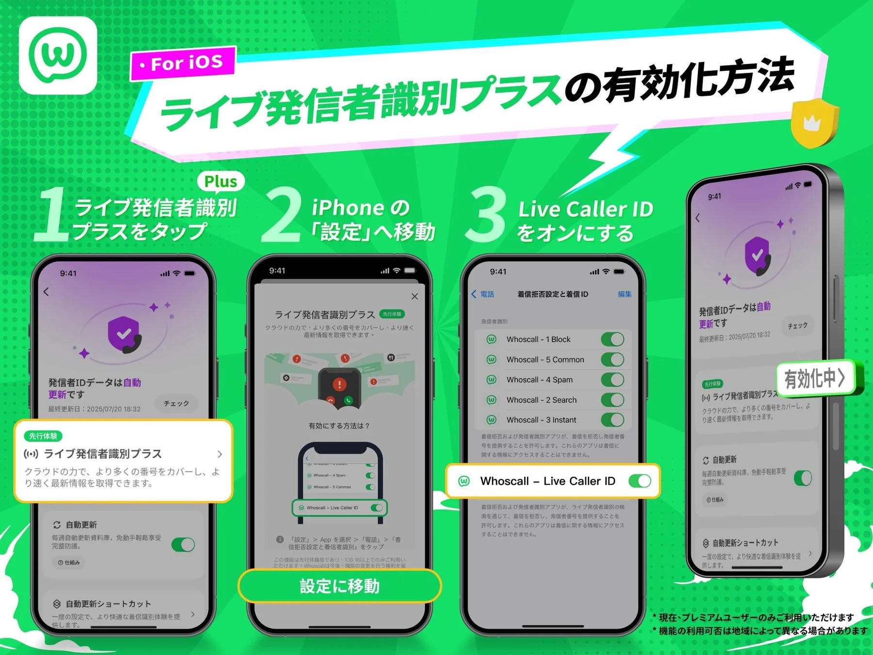 「ライブ発信者識別プラス」の有効化設定手順を示すiPhone画面