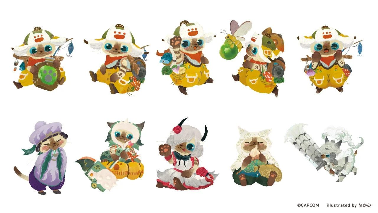 様々な装備を身につけたオトモアイルーたちの集合イラスト